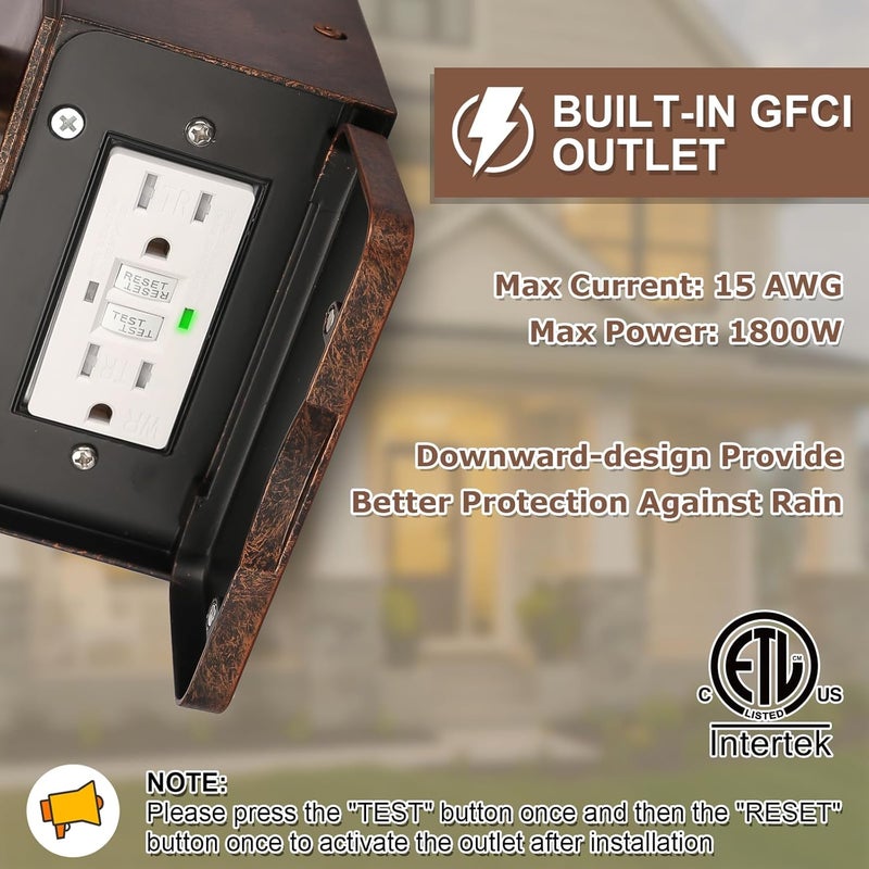 FANDBO Porch Light with GFCI Outlet, Dusk to Dawn Outdoor Lighting with Aluminum Frame and Clear Glass Shade, Waterproof Wall Sconce Outside Lights for House Garage Front Door, Bulb Included(Antique Bronze) - Image 3